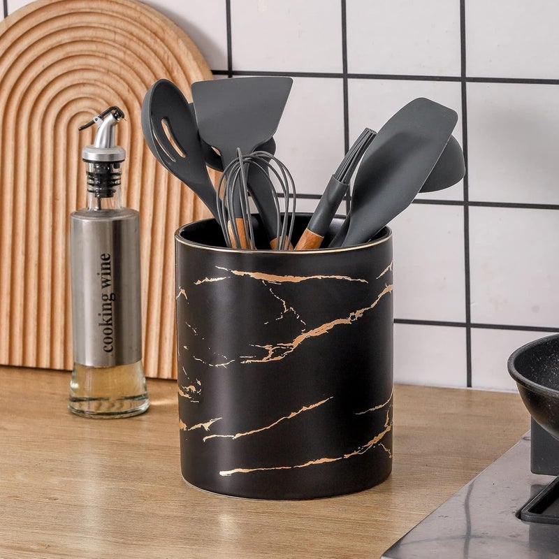 Howise 7.2 inch Large Utensil Holder for Kitchen Counter, Golden Marble Utensil Crock Spatula Holder for Countertop Cooking Tools Storage Caddy Farmhouse Kitchen Decor (Marble-Black) - Image 2